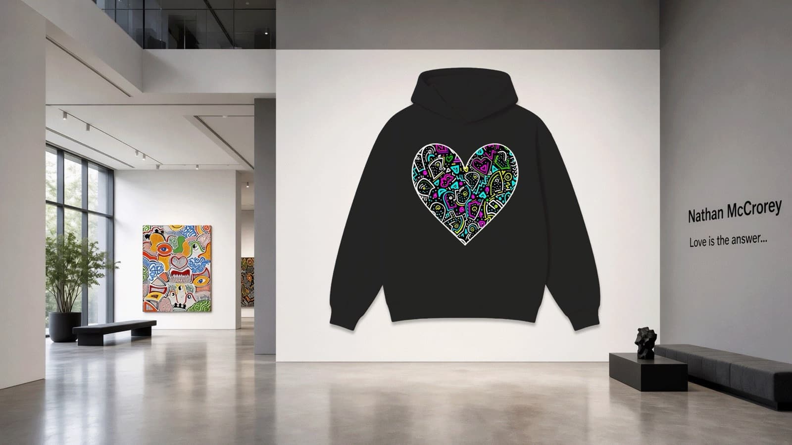 A one of one heart printed on a black hoodie, hanging in a gallery