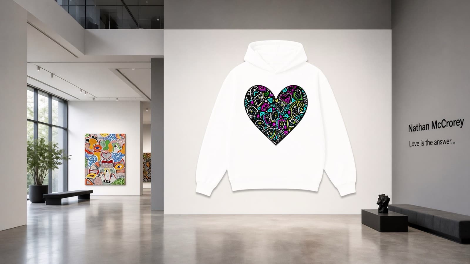 A one of one heart printed on a white hoodie