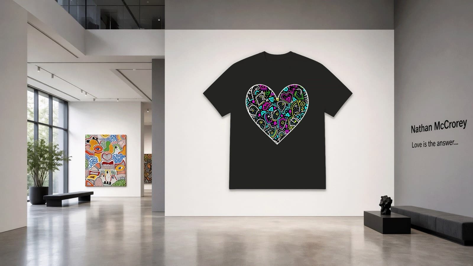 A one of one heart printed on a black t-shirt